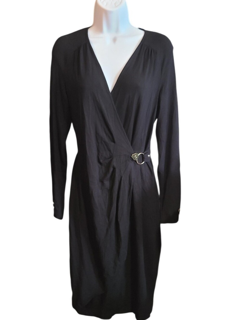 Cache Black Long-Sleeve Wrap Dress with Side Buckle